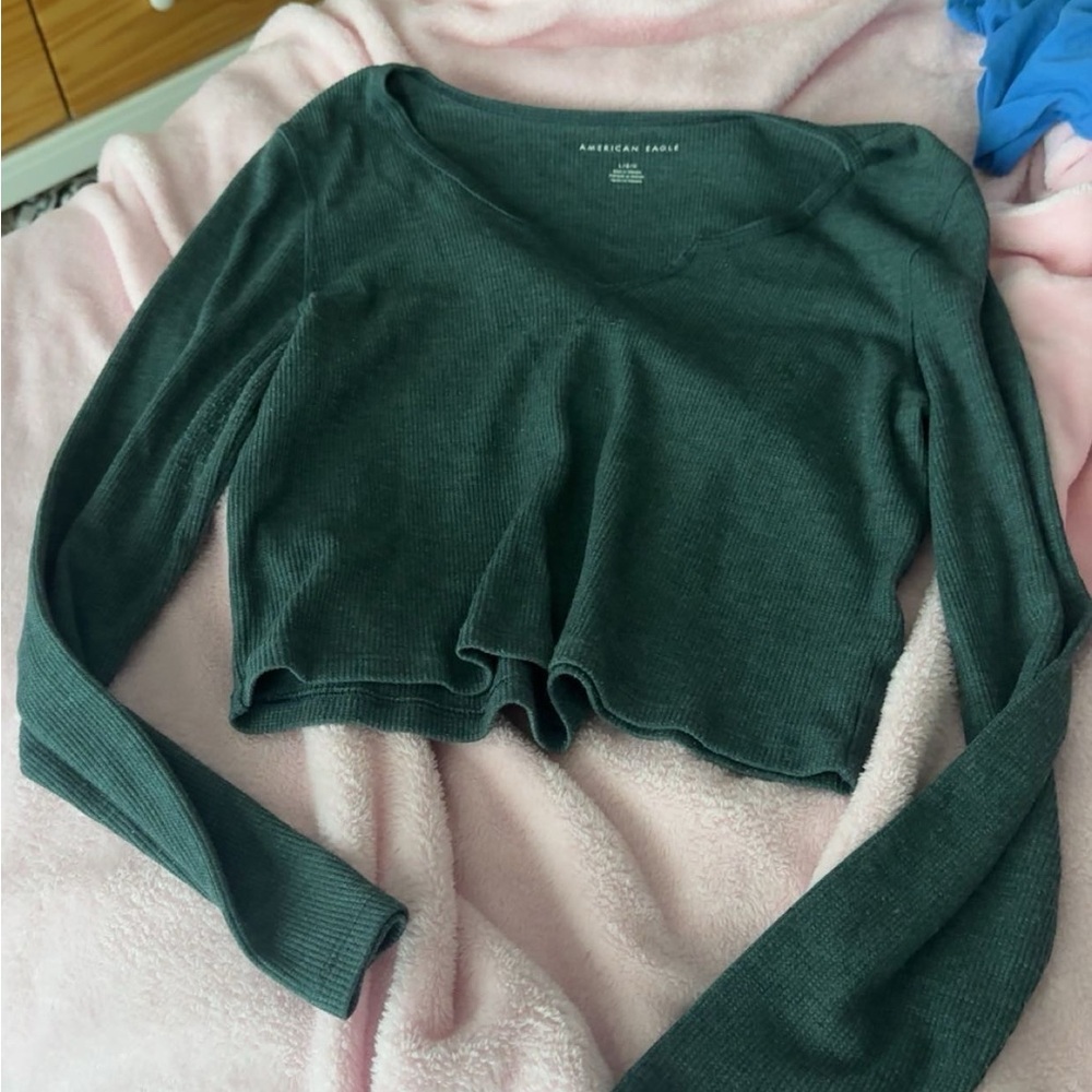 American Eagle Outfitters Green Cropped Fitted Blouse